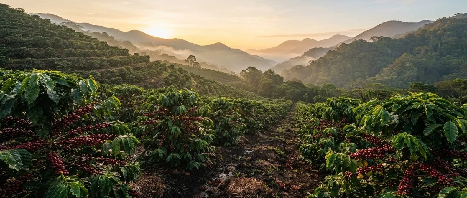 Cafetal con granos maduros al amanecer entre montañas