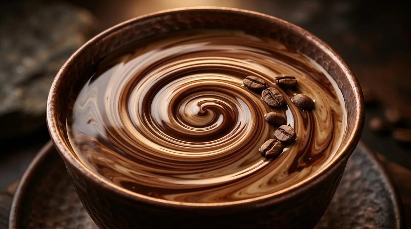 Taza de café con un remolino de chocolate y crema, con granos de café encima